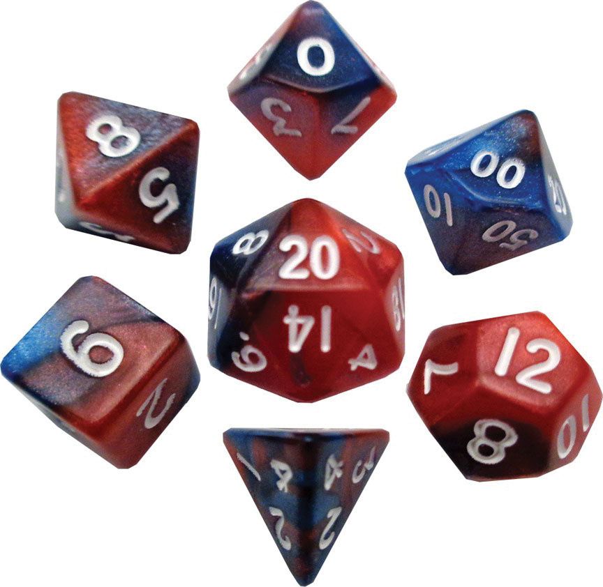 Mini Polyhedral Dice Set: Red/Blue with White Numbers