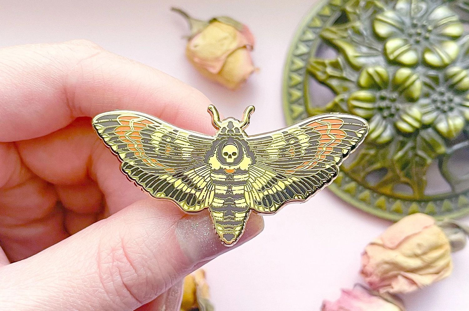 Lepidoptera Alum &amp; Ink Enamel Pin, Variation: Death's Head Hawkmoth (Acherontia Lachesis)