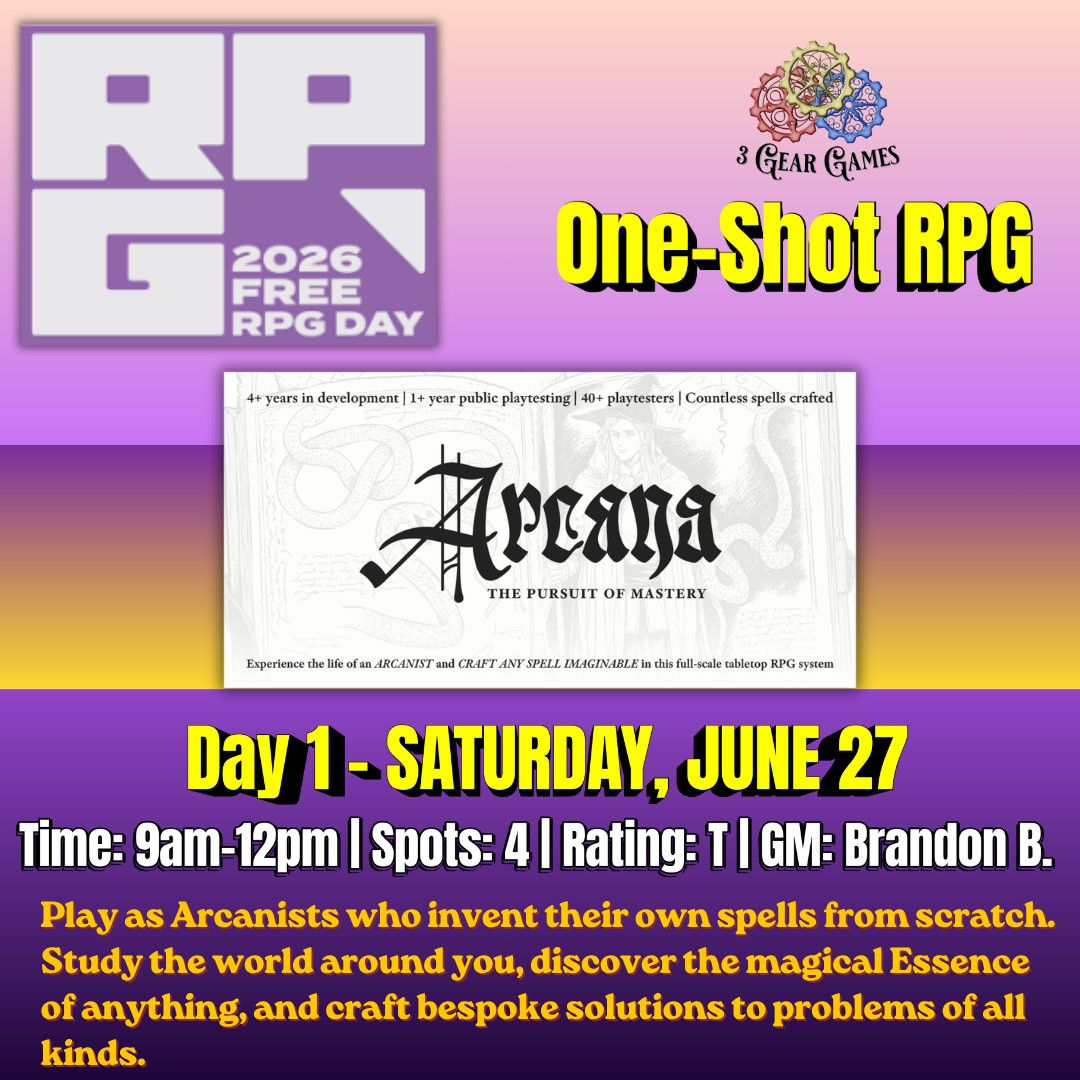 Free RPG Day 1 (Sat. 6/27) -  Arcana: The Pursuit of Mastery - 9am-12pm