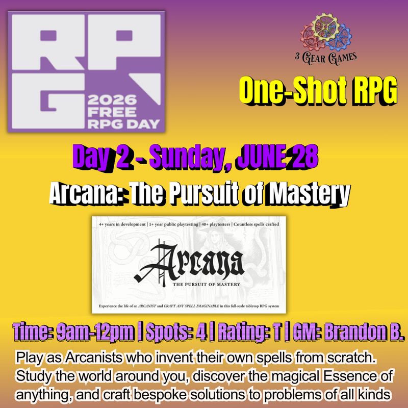 Free RPG Day 2 (Sun. 6/28) -  Arcana: The Pursuit of Mastery - 9am-12pm