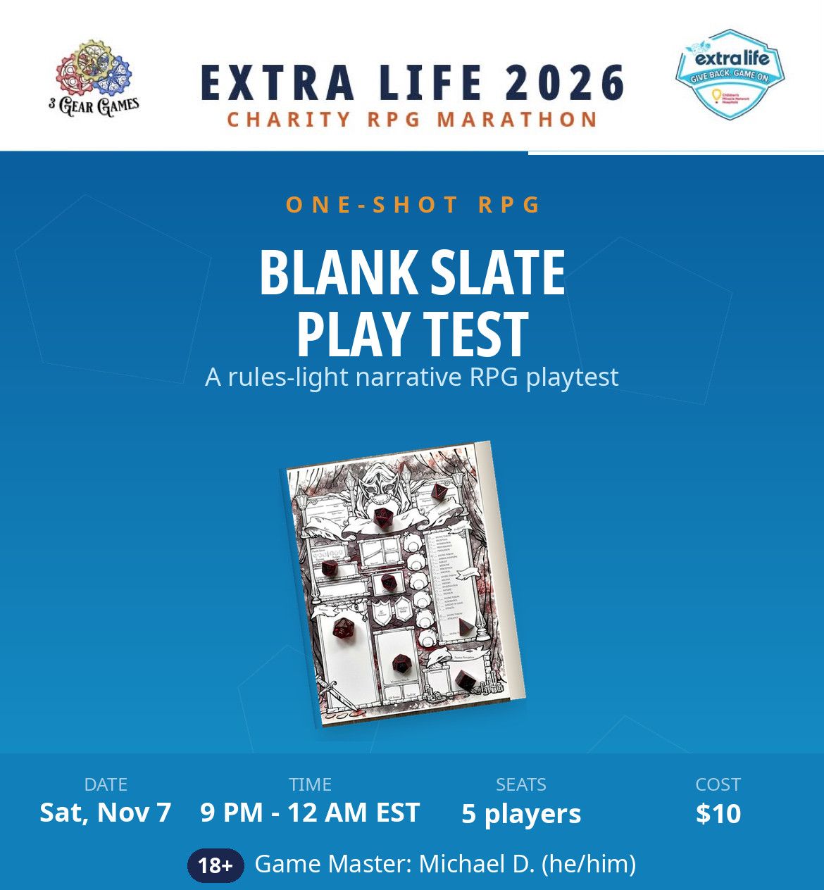 Extra Life 2026, Blank Slate Play Test, Sat 9pm -12am