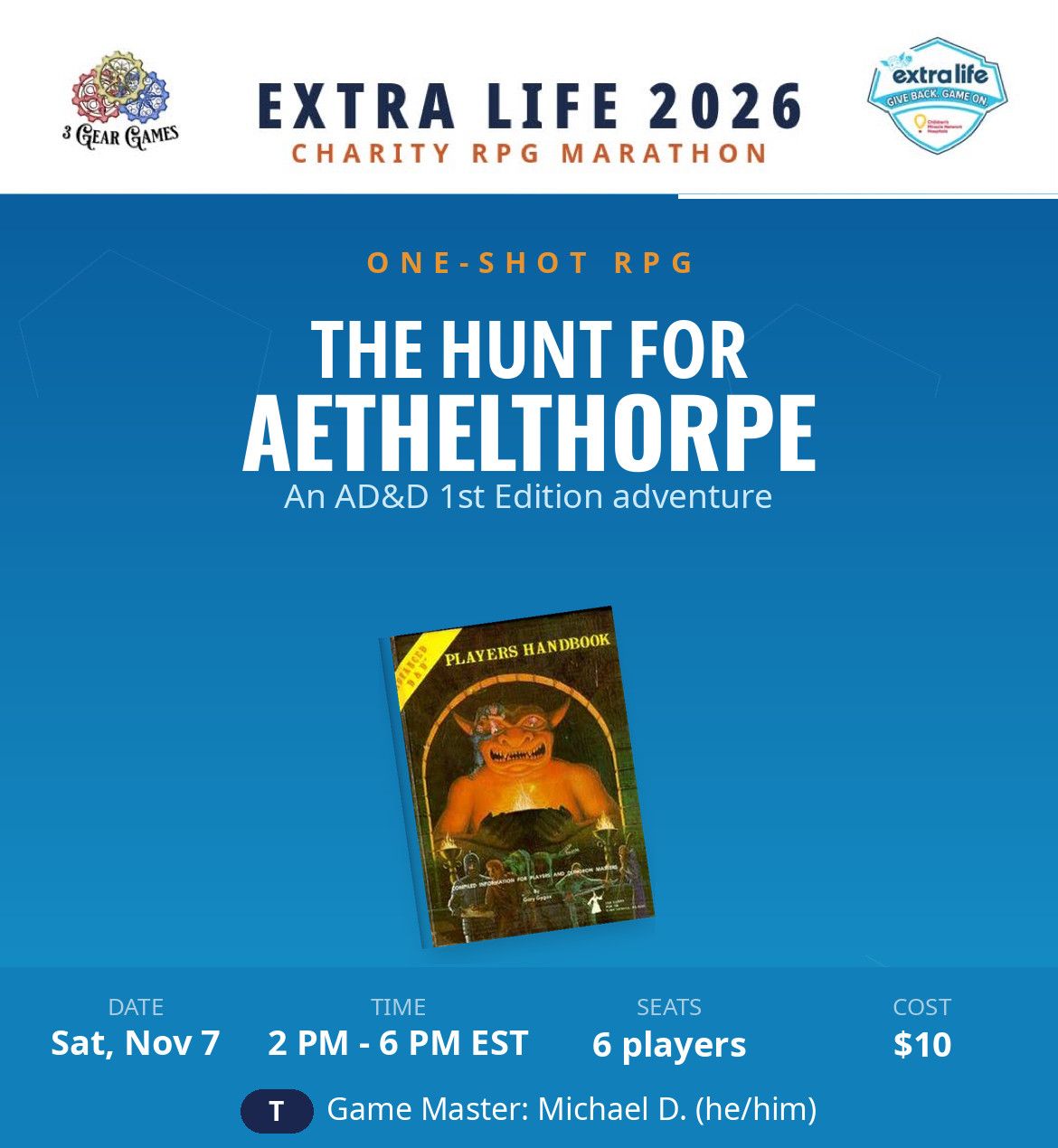 Extra Life 2026, A D&D 1E The Hunt for Aethelthorpe, Sat 2pm -6pm Extra Life 2026, A D&D 1E The Hunt for Aethelthorpe, Sat 2pm -6pm