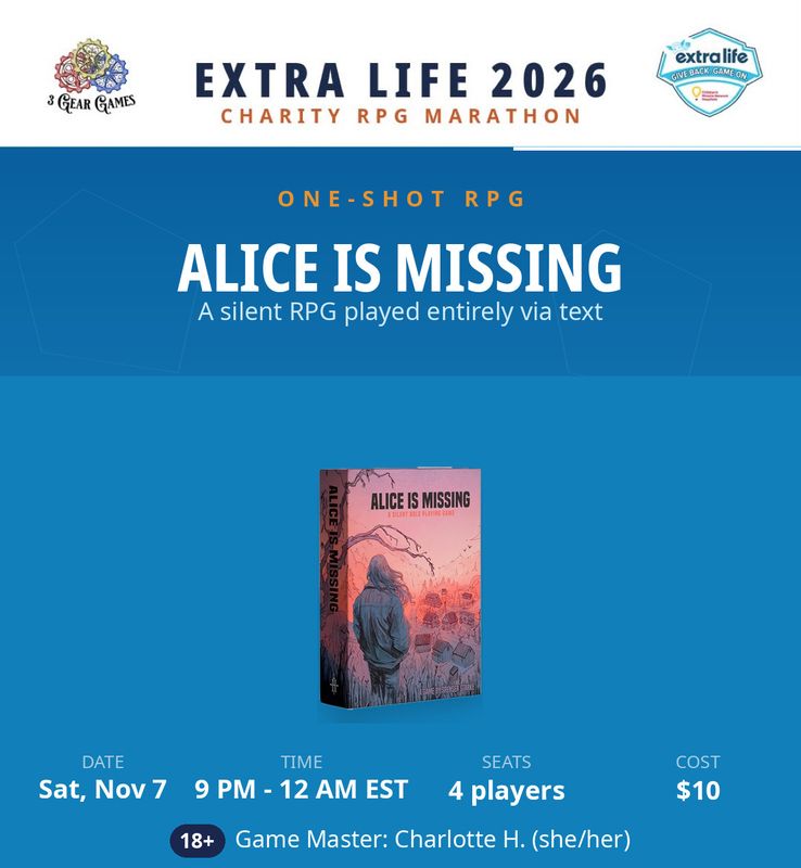 Extra Life 2026, Alice Is Missing, Sat 9pm -12am
