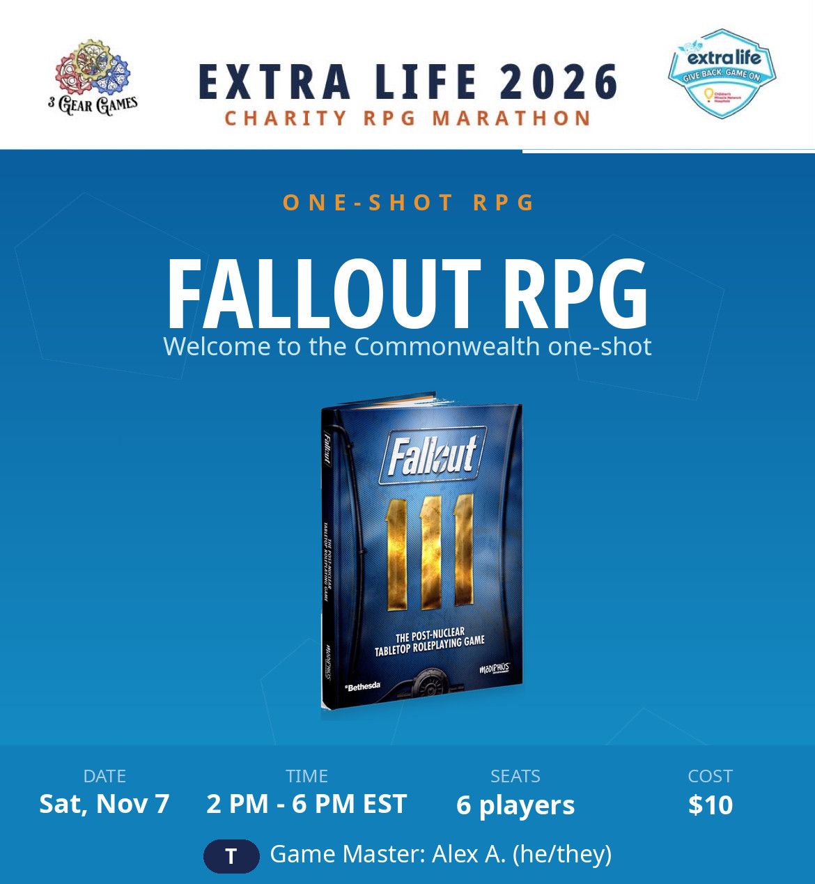Extra Life 2026, Fallout RPG, Sat 2pm -6pm