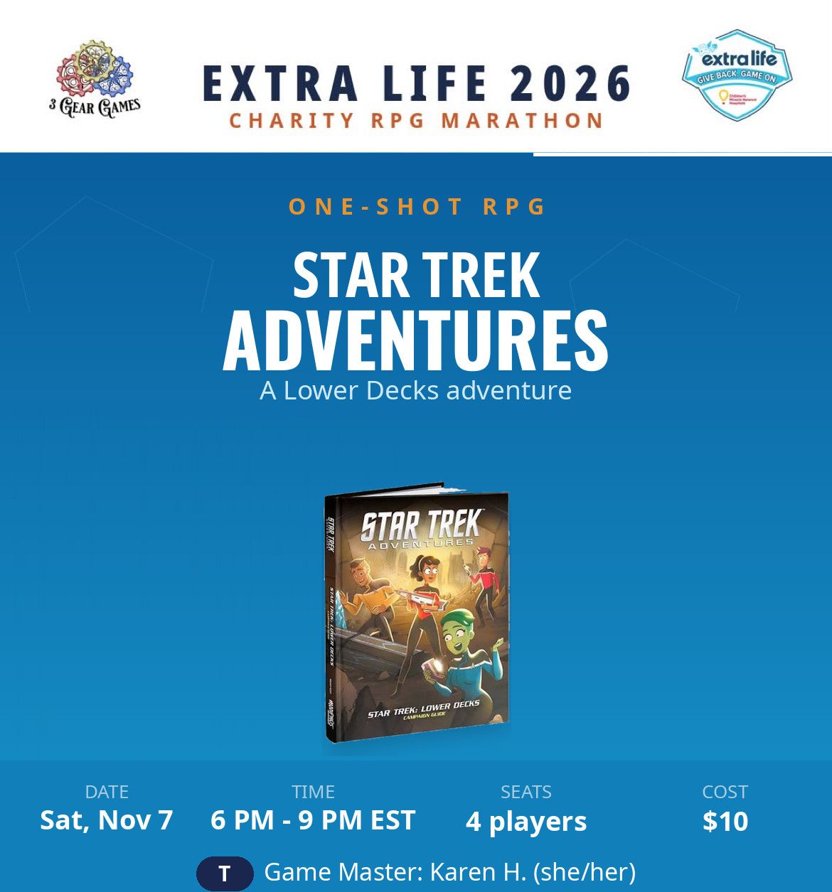 Extra Life 2026, Star Trek Adventures, Sat 6pm -9pm Extra Life 2026, Star Trek Adventures, Sat 6pm -9pm