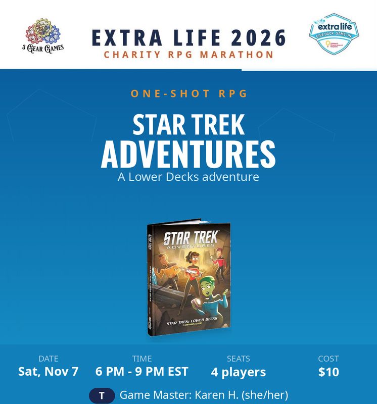 Extra Life 2026, Star Trek Adventures, Sat 6pm -9pm