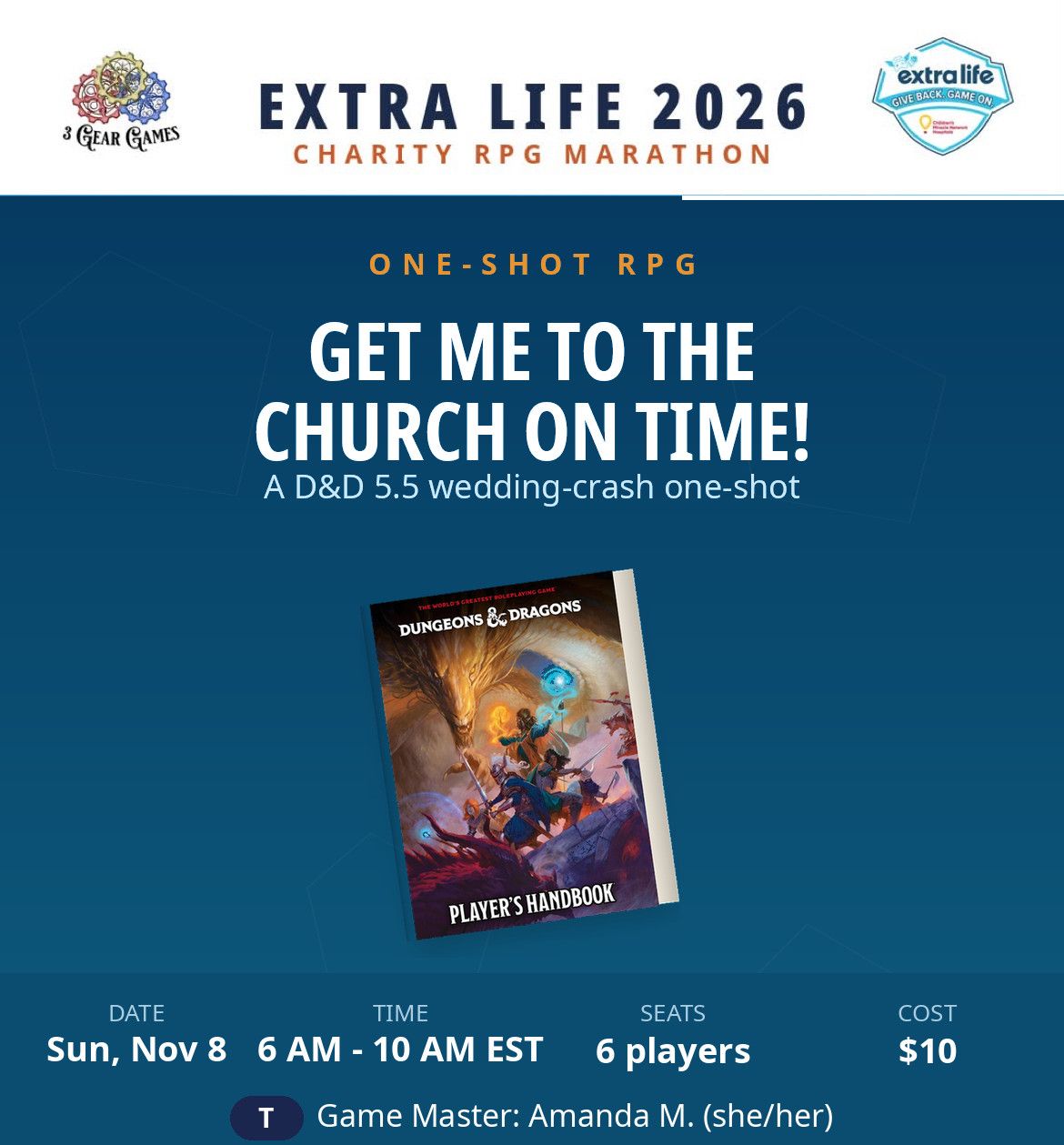 Extra Life 2026, Dnd 5e Get Me to the church on time!, Sun 6am-10am Extra Life 2026, Dnd 5e Get Me to the church on time!, Sun 6am-10am