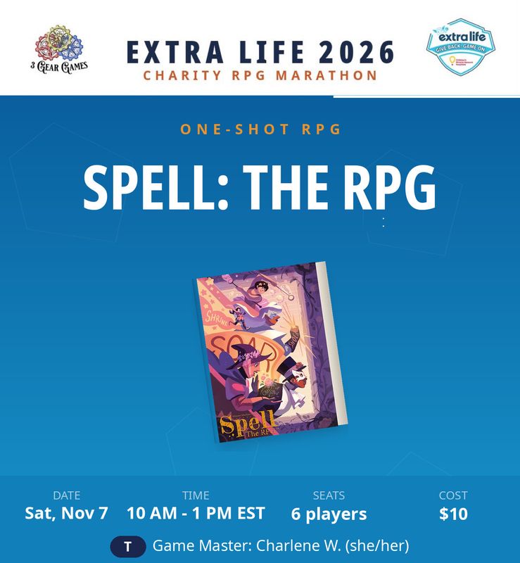Extra Life 2026, Spell: The RPG, Sat 10am -1pm