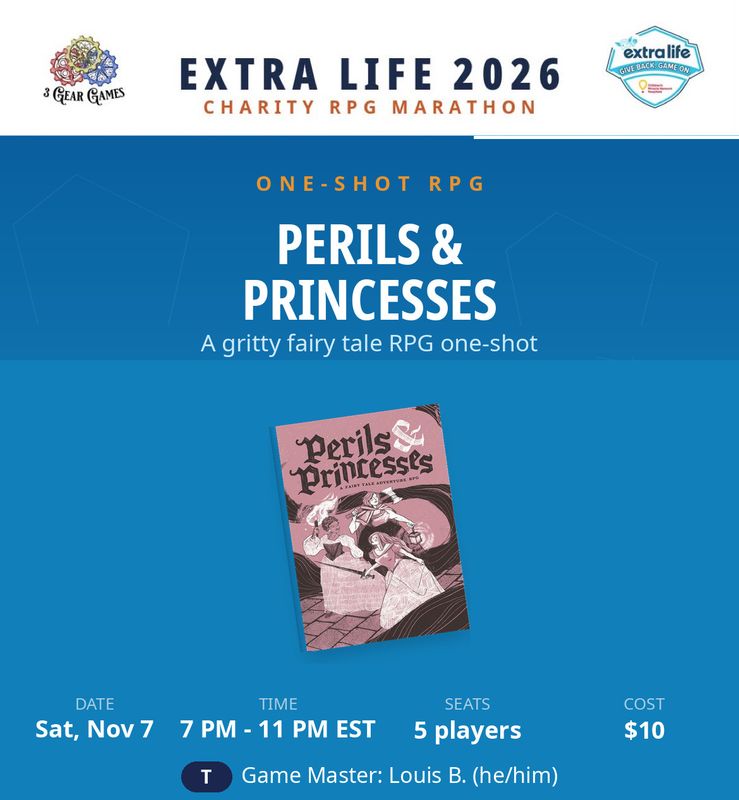 Extra Life 2026, Perils &amp; Princesses RPG, Sat 7pm -11pm