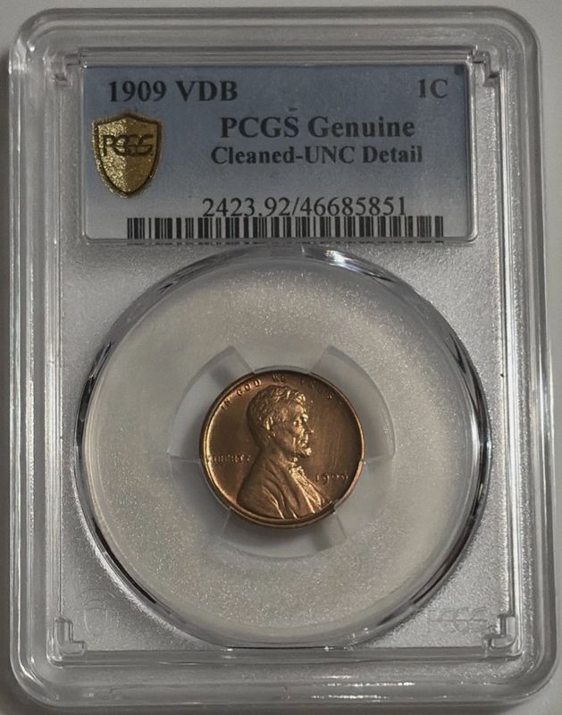 PCGS 1909 1C VDB Lincoln Wheat Penny (Genuine Cleaned-Uncirculated Detail)