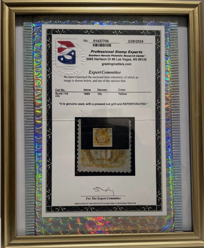 RARE PSE 1869 10C Yellow G Grill Stamp (Scott #116) (Used, Reperforated)