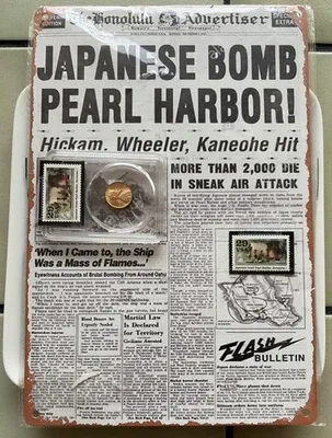 Pearl Harbor Metal Poster (w/Two Stamps and 1941 1C Lincoln Wheat Penny)
