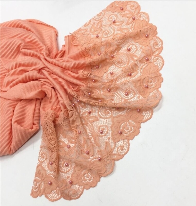 Pleated Jersey Hijab with Pearl and Lace