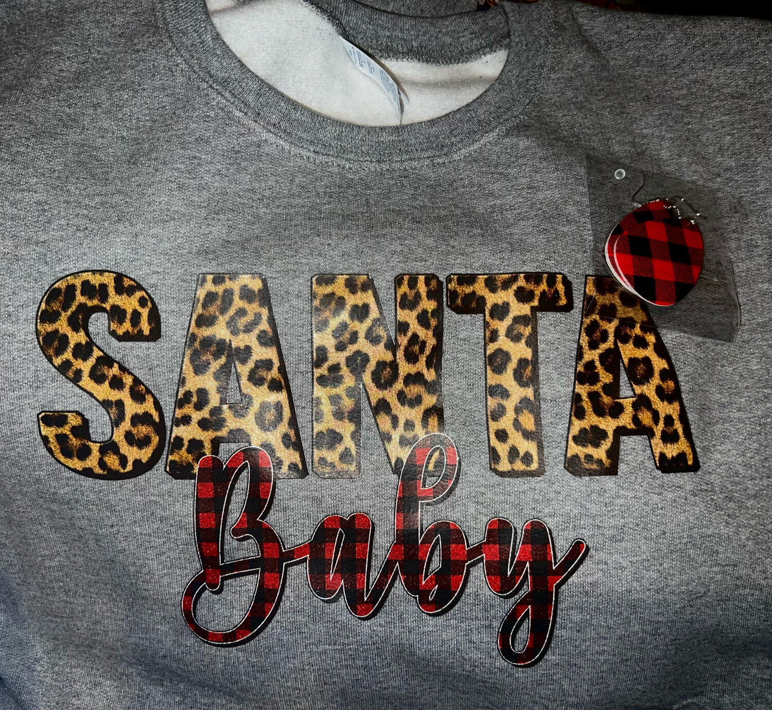 Grey Santa Baby Crewneck Sweatshirt With Matching Earrings Size XL