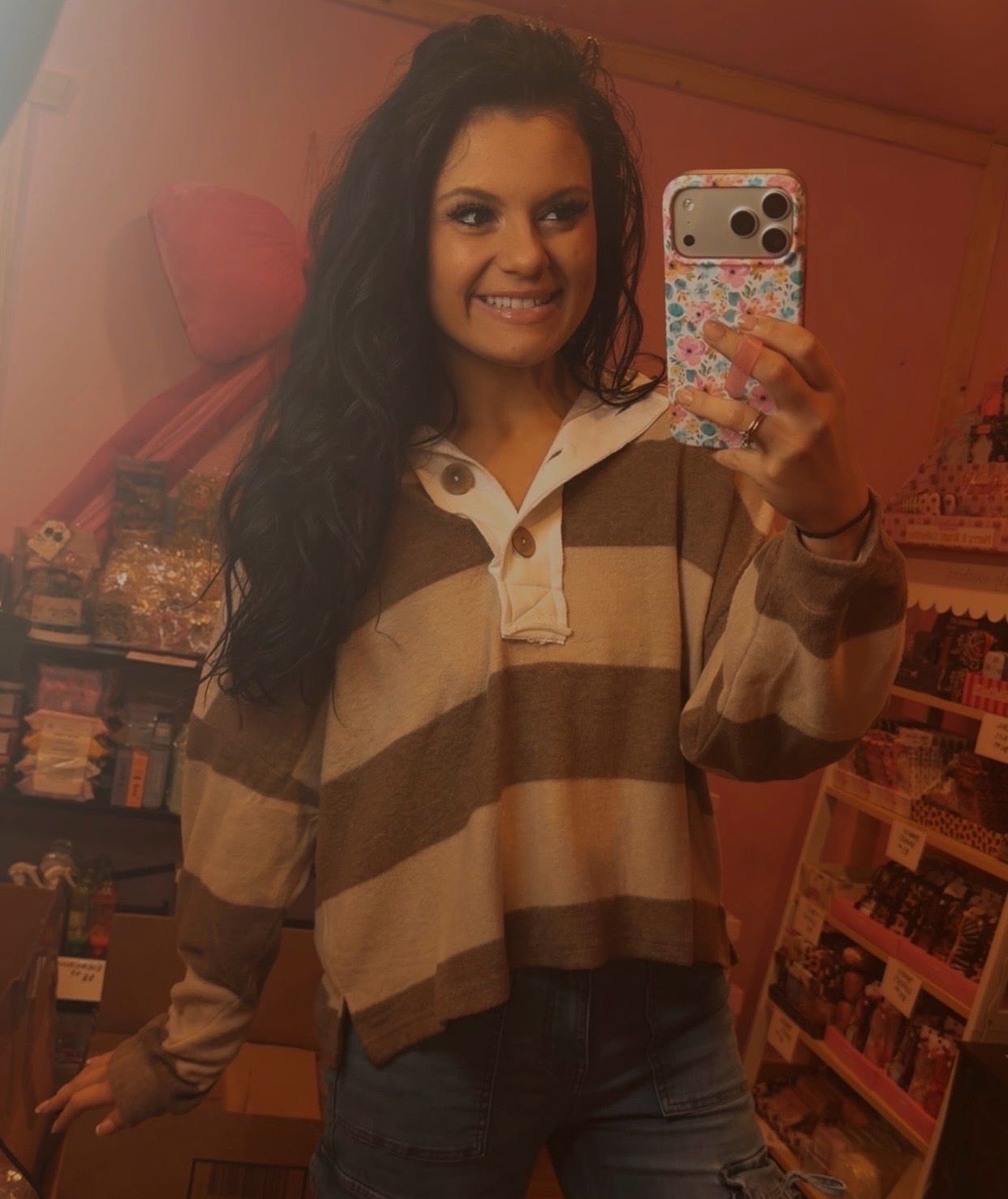 Brushed Stripe Polo Sweater Brown