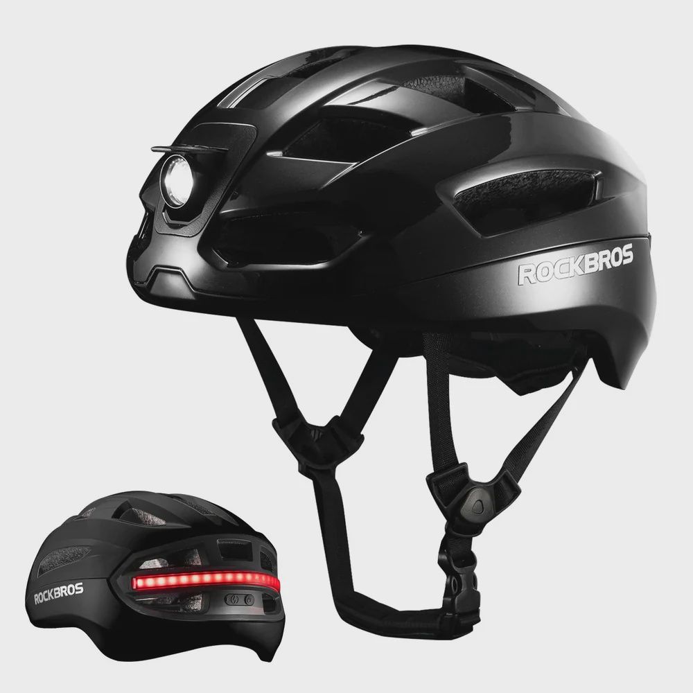 Steering Remote Smart Riding Helmet with Bike Headlight and Tail Light (RockBros), Color: Black