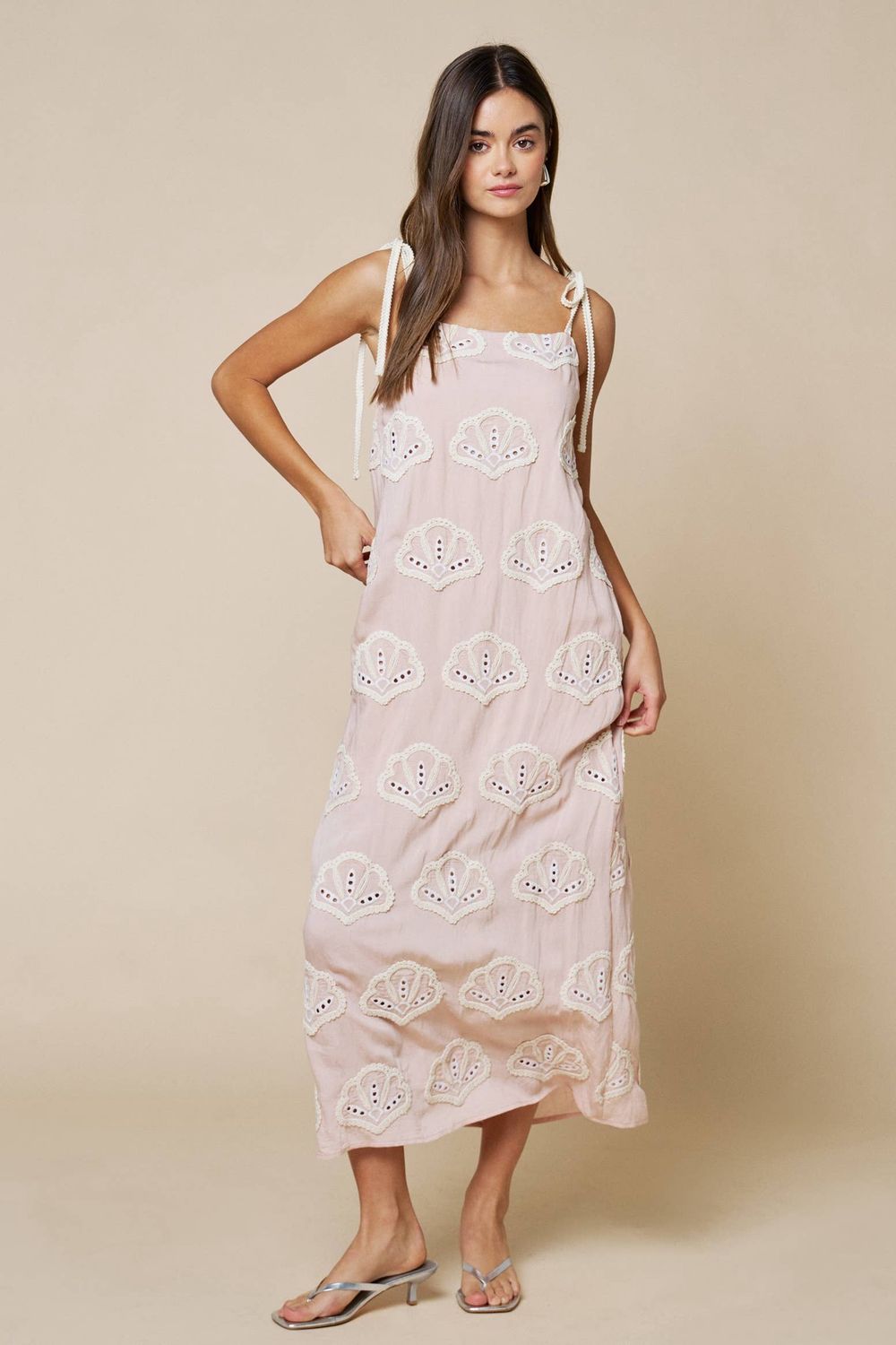 Seashell Embroidery Shoulder Tie Max Dress, Color: LT PINK, Size: M