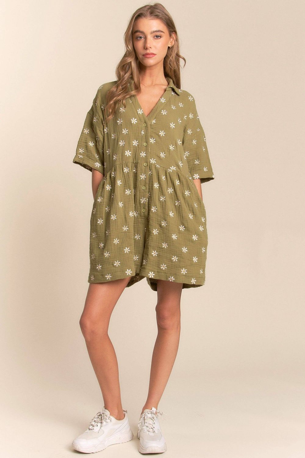 Flower Fields Gauze Romper, Color: Olive, Size: M