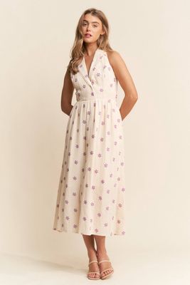 EMBROIDERED HALTER MIDI DRESS