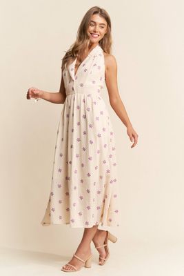 EMBROIDERED HALTER MIDI DRESS