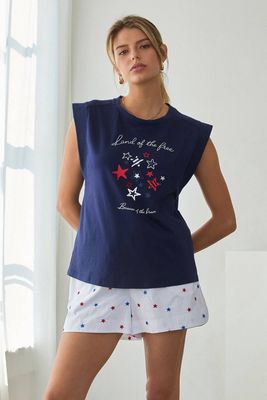 Patriotic Star Print Sleeveless Top  graphic tee