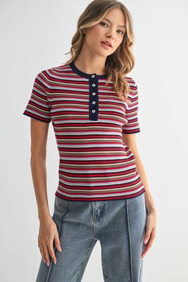 MULTI-STRIPED BUTTON-UP KNIT TOP / WL25-10935
