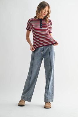 MULTI-STRIPED BUTTON-UP KNIT TOP / WL25-10935