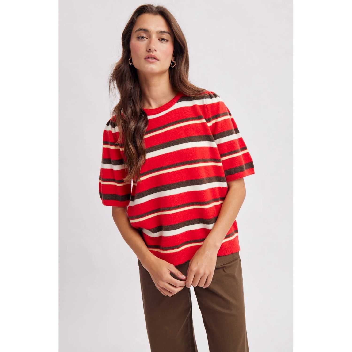 STRIPED PUFF SLEEVE SWEATER TOP / WL26-13749, Color: RED MULTI, Size: SMALL