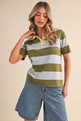 STRIPED SWEATER KNIT SHORT SLEEVE POLO MSW11339