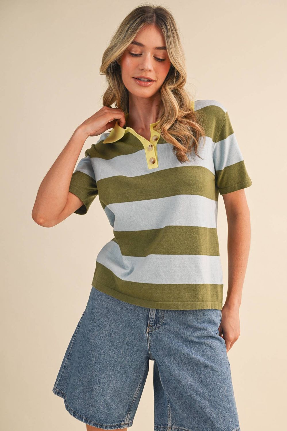 STRIPED SWEATER KNIT SHORT SLEEVE POLO MSW11339, Color: BLUE SAGE, Size: S