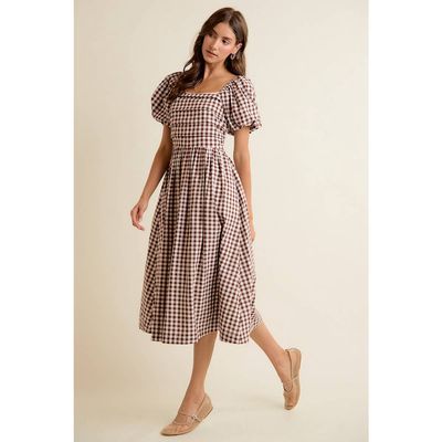 GINGHAM LACE TRIM PUFF SLEEVES LINED MIDI DRESS