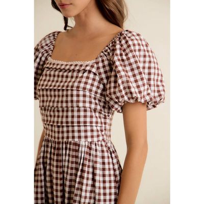 GINGHAM LACE TRIM PUFF SLEEVES LINED MIDI DRESS