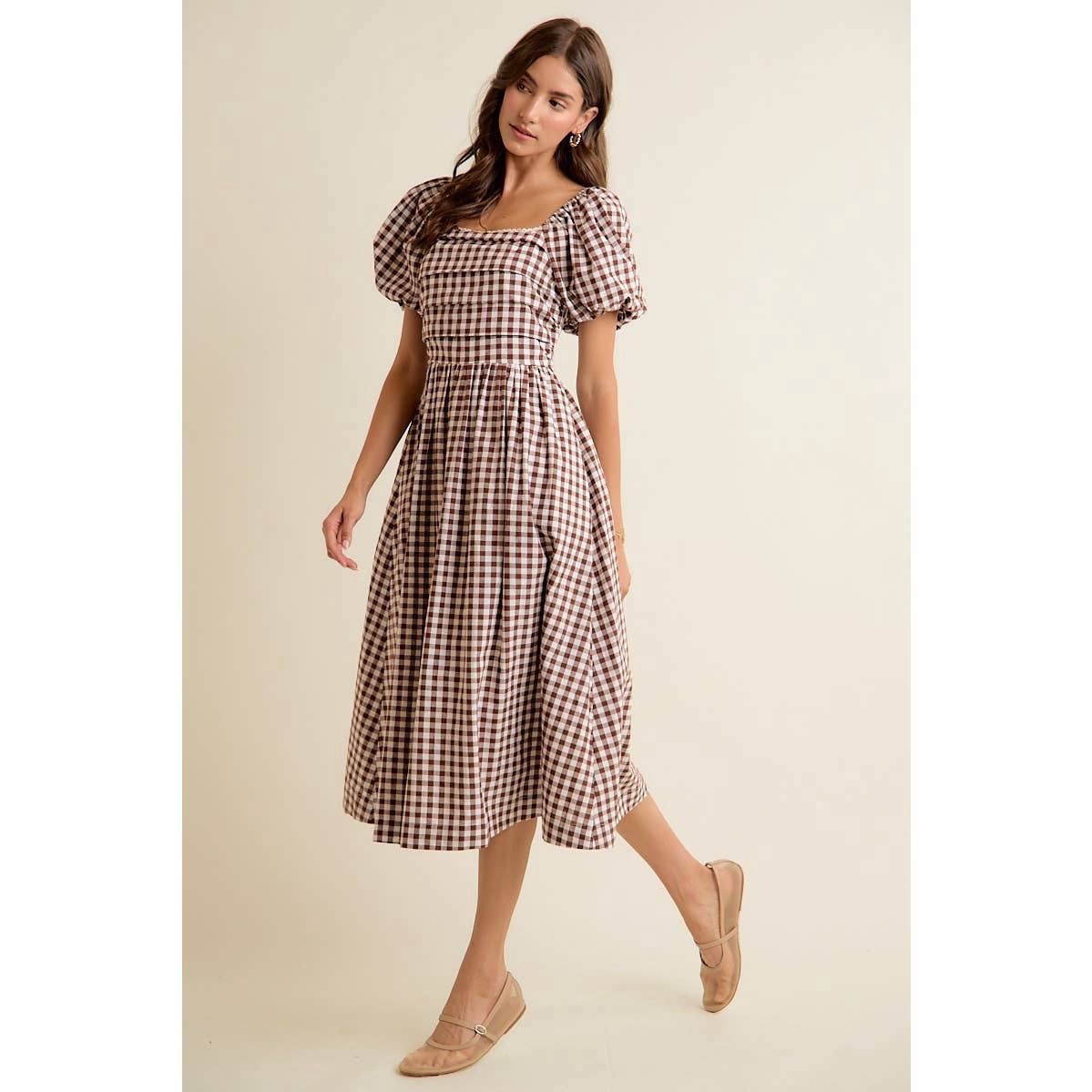 GINGHAM LACE TRIM PUFF SLEEVES LINED MIDI DRESS, Color: BROWN, Size: S