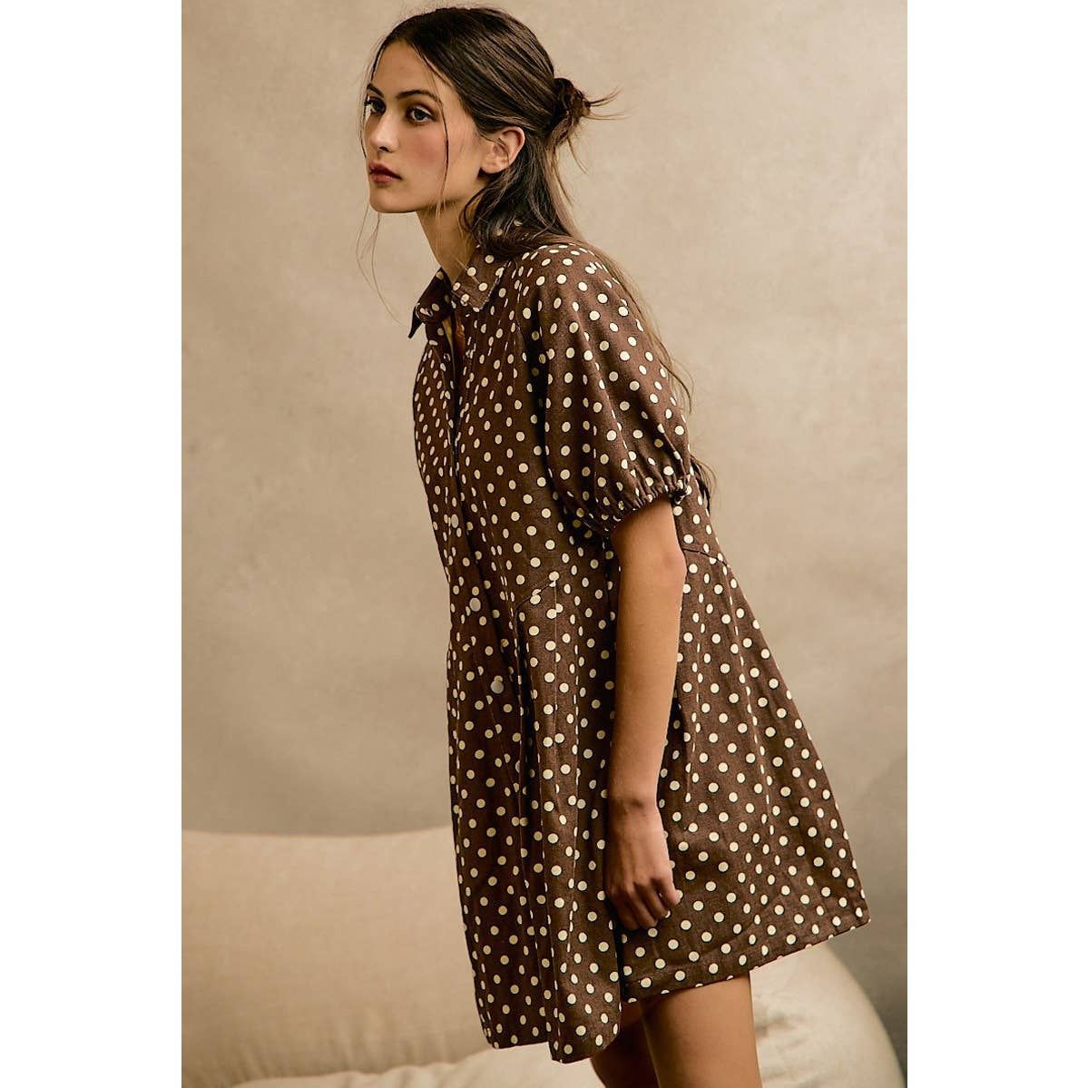 POLKA DOT TWILL PUFF-SLEEVE MINI DRESS, Color: BROWN/IVORY, Size: S