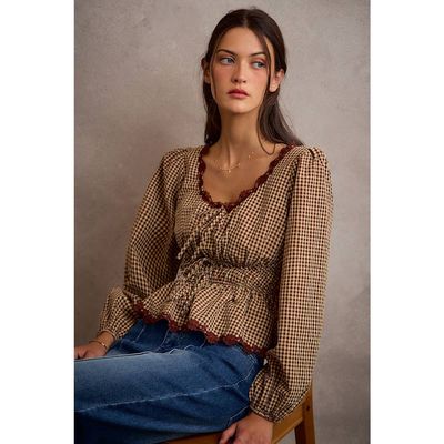 GINGHAM CHECK LACE TRIM RUCHED BODICE BLOUSE TOP