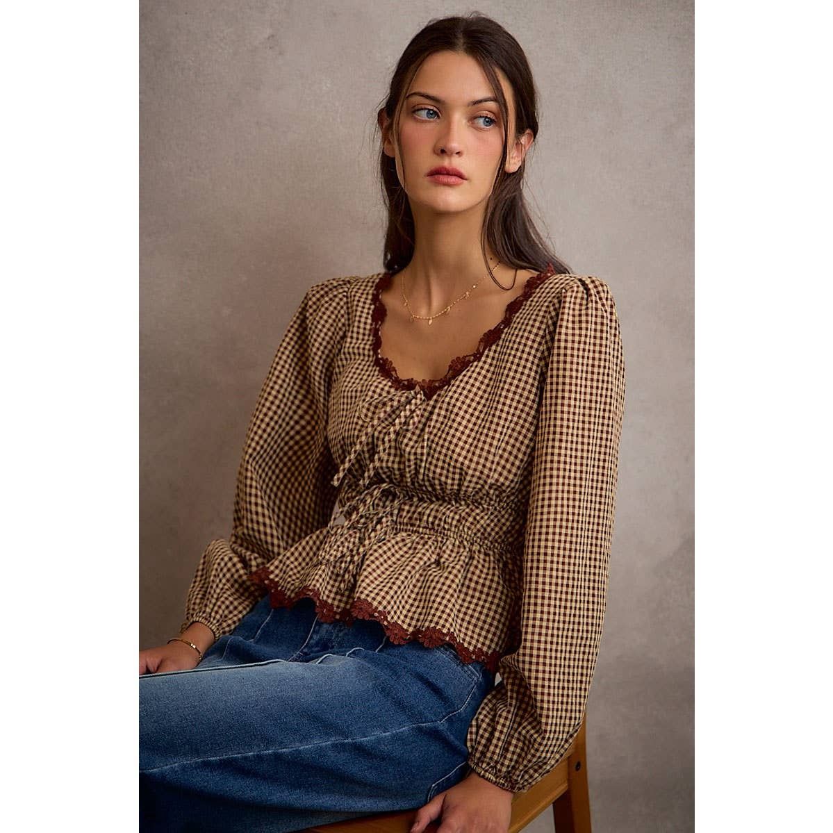 GINGHAM CHECK LACE TRIM RUCHED BODICE BLOUSE TOP, Color: BROWN, Size: L