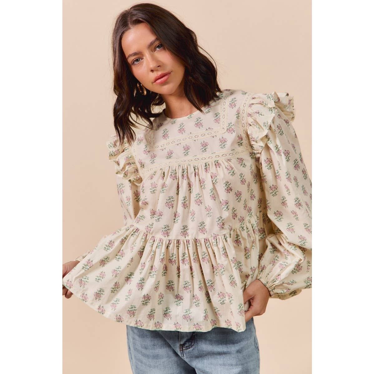 Dainty Fall Floral Top, Color: IVORY, Size: M