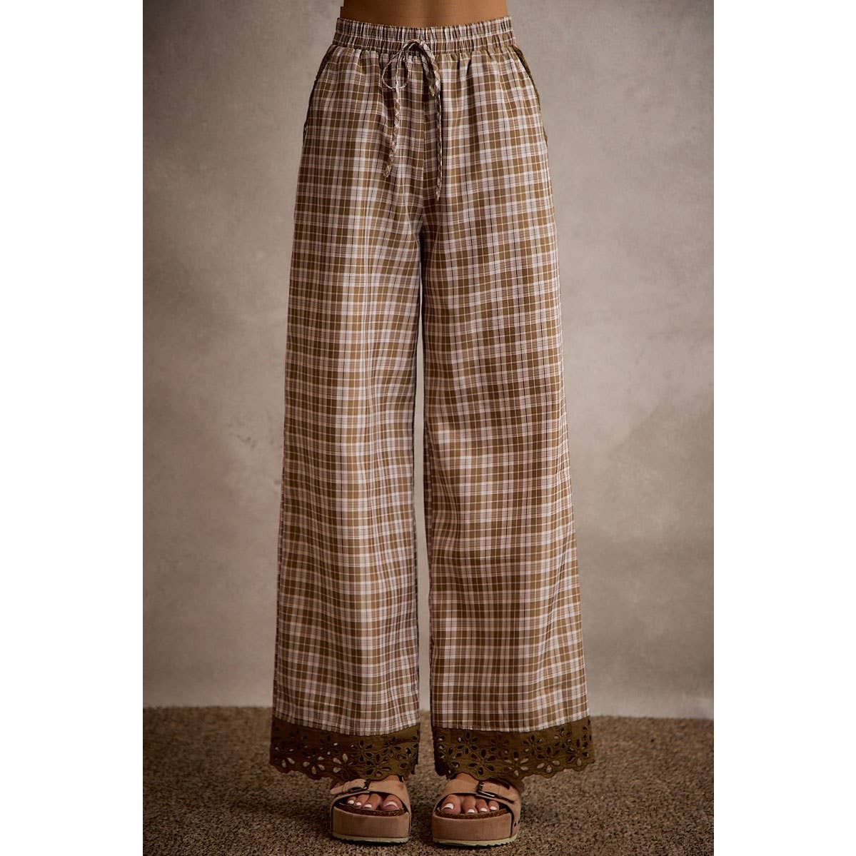 Plaid Wide Leg Eyelet Trim Pant, Color: TAUPE/IVORY, Size: L