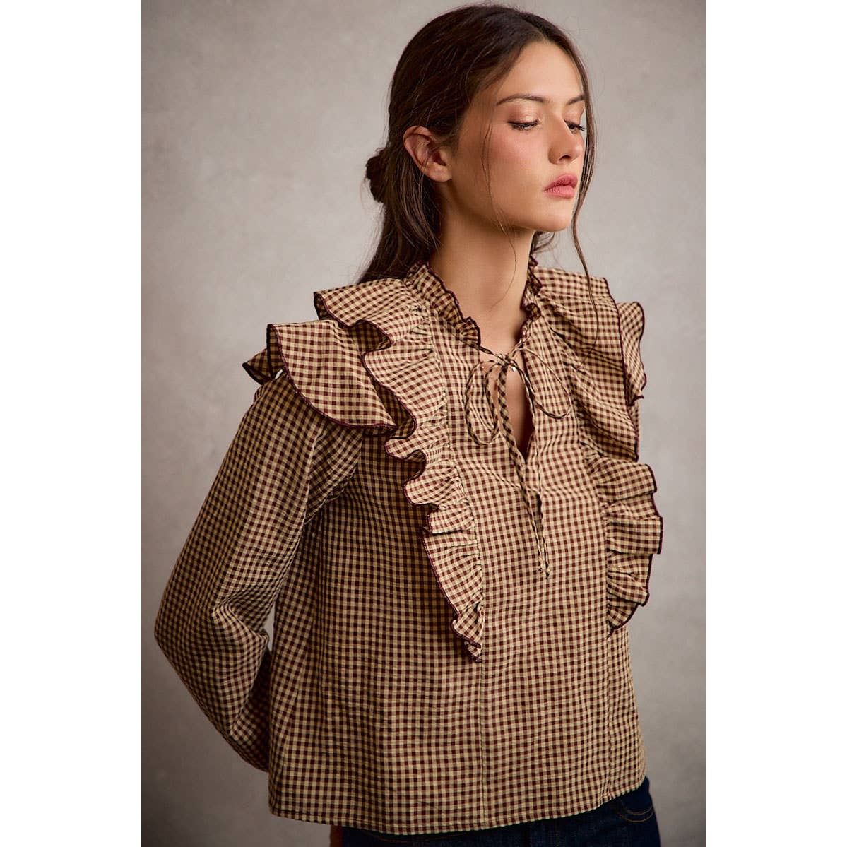 RUFFLED GINGHAM LONG SLEEVES BLOUSE, Color: BROWN, Size: XL
