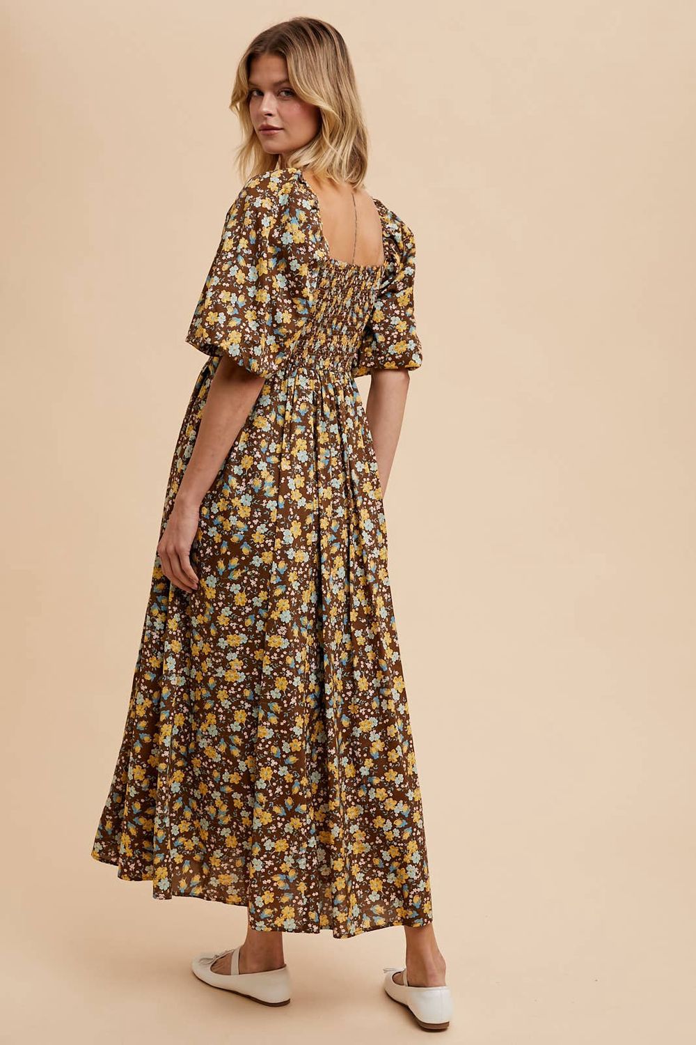 FLORAL COTTON MAXI DRESS, Color: MOCHA FLORAL, Size: L