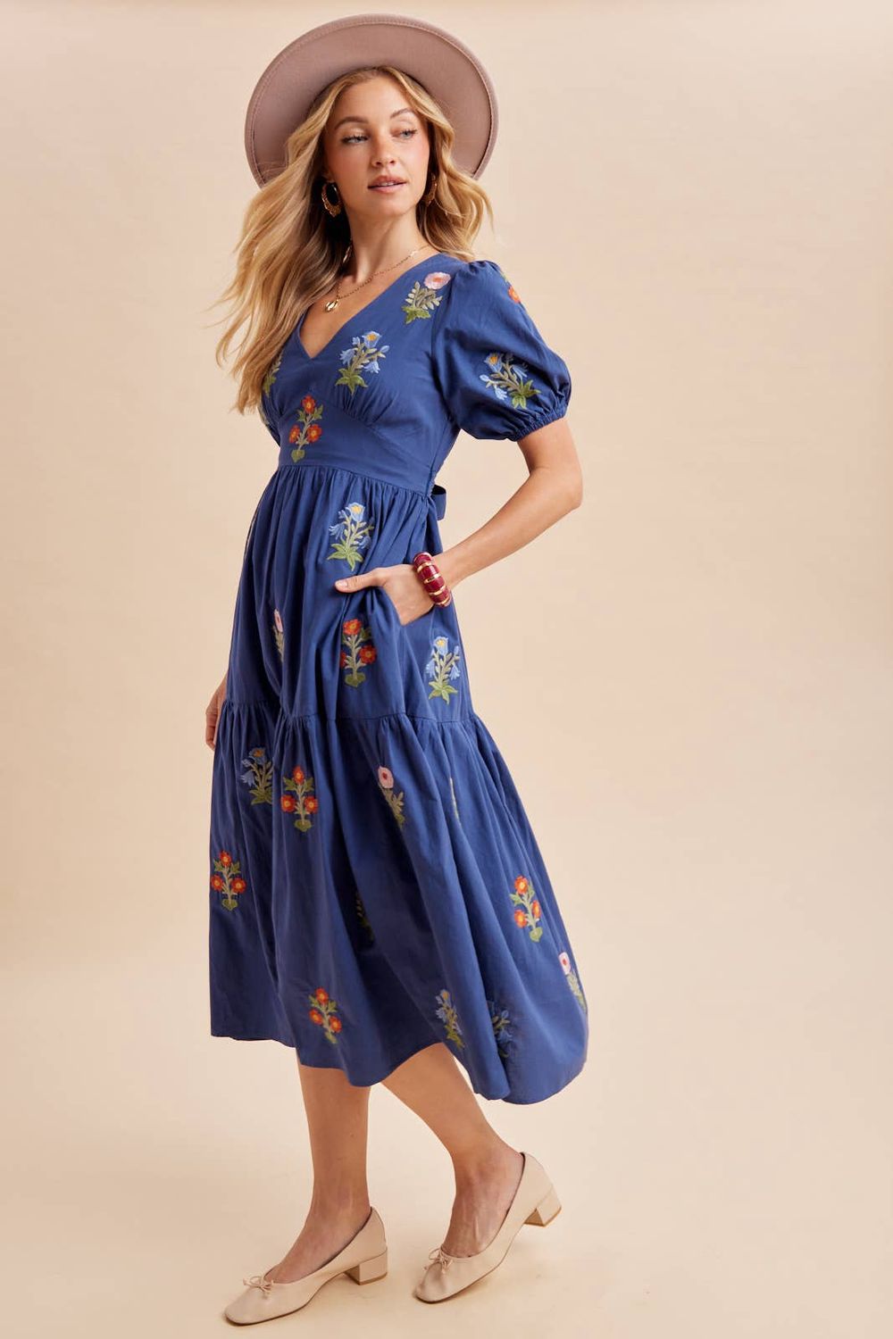 EMBROIDERED COTTON MAXI DRESS, Color: NAVY, Size: M