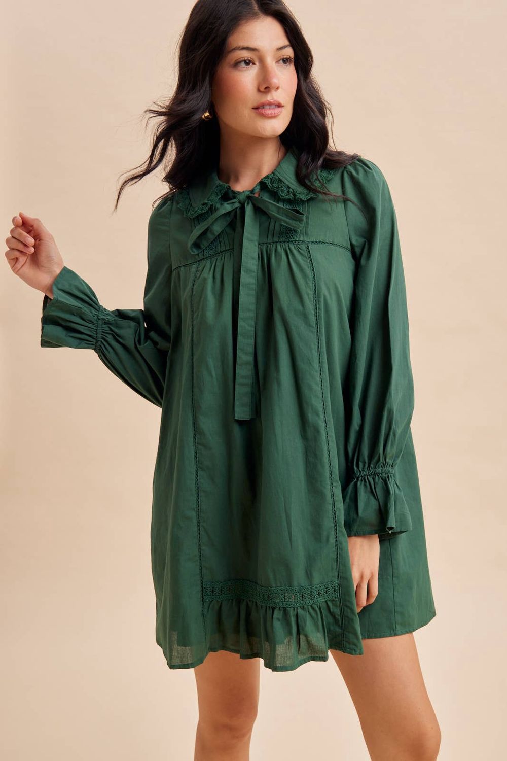 LACE TRIM PETER PAN COLLAR MINI DRESS, Color: FOREST GREEN, Size: M