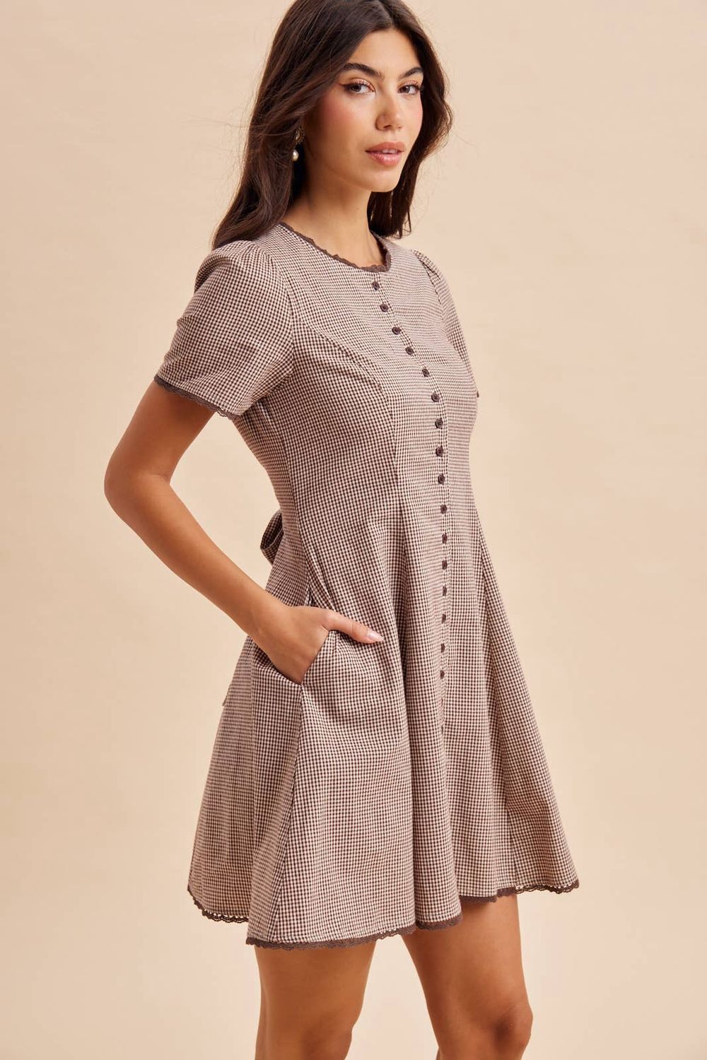 GINGHAM BUTTON DOWN MINI DRESS, Color: MOCHA, Size: M