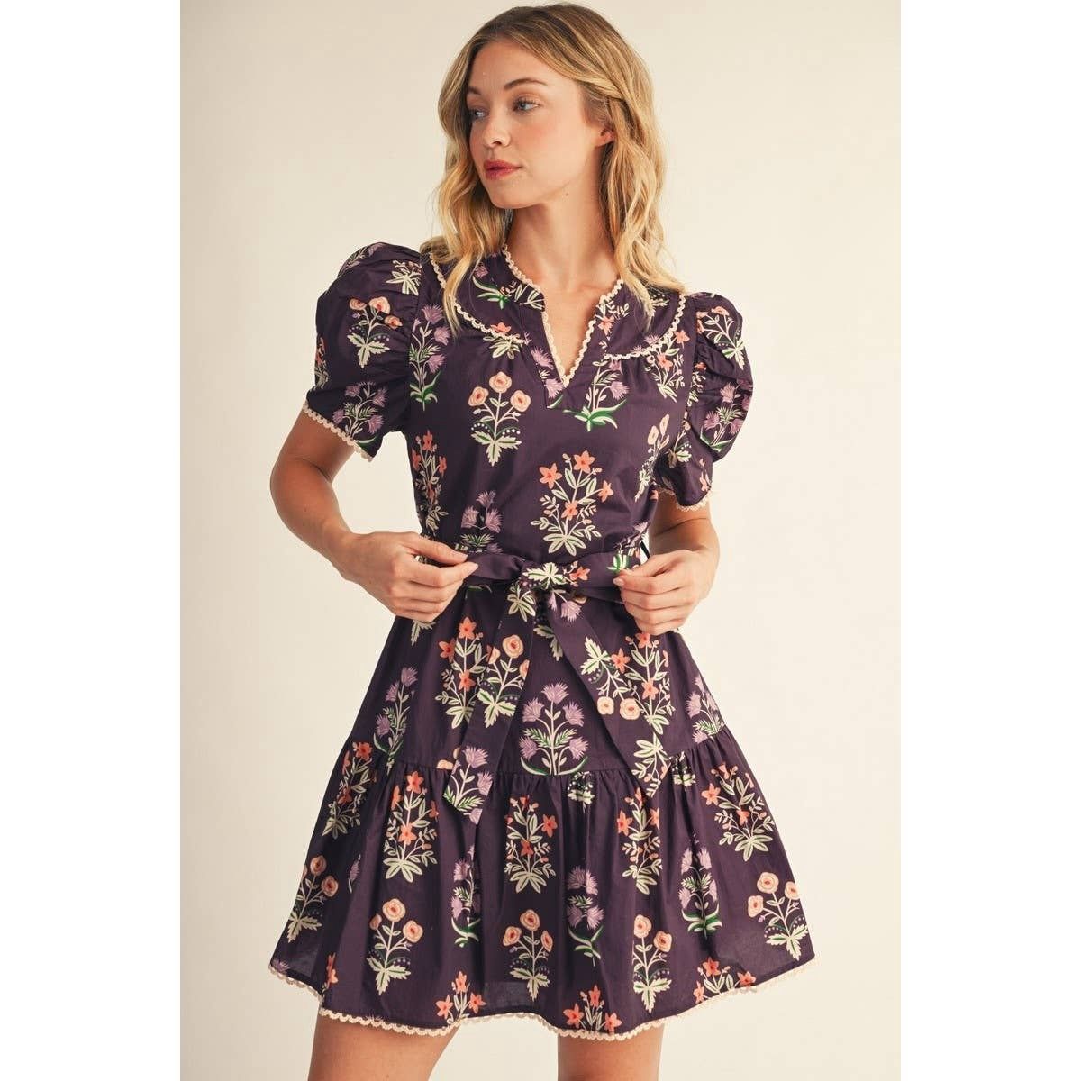 Floral Puff Shoulder Dress, Color: EGG PLANT, Size: L