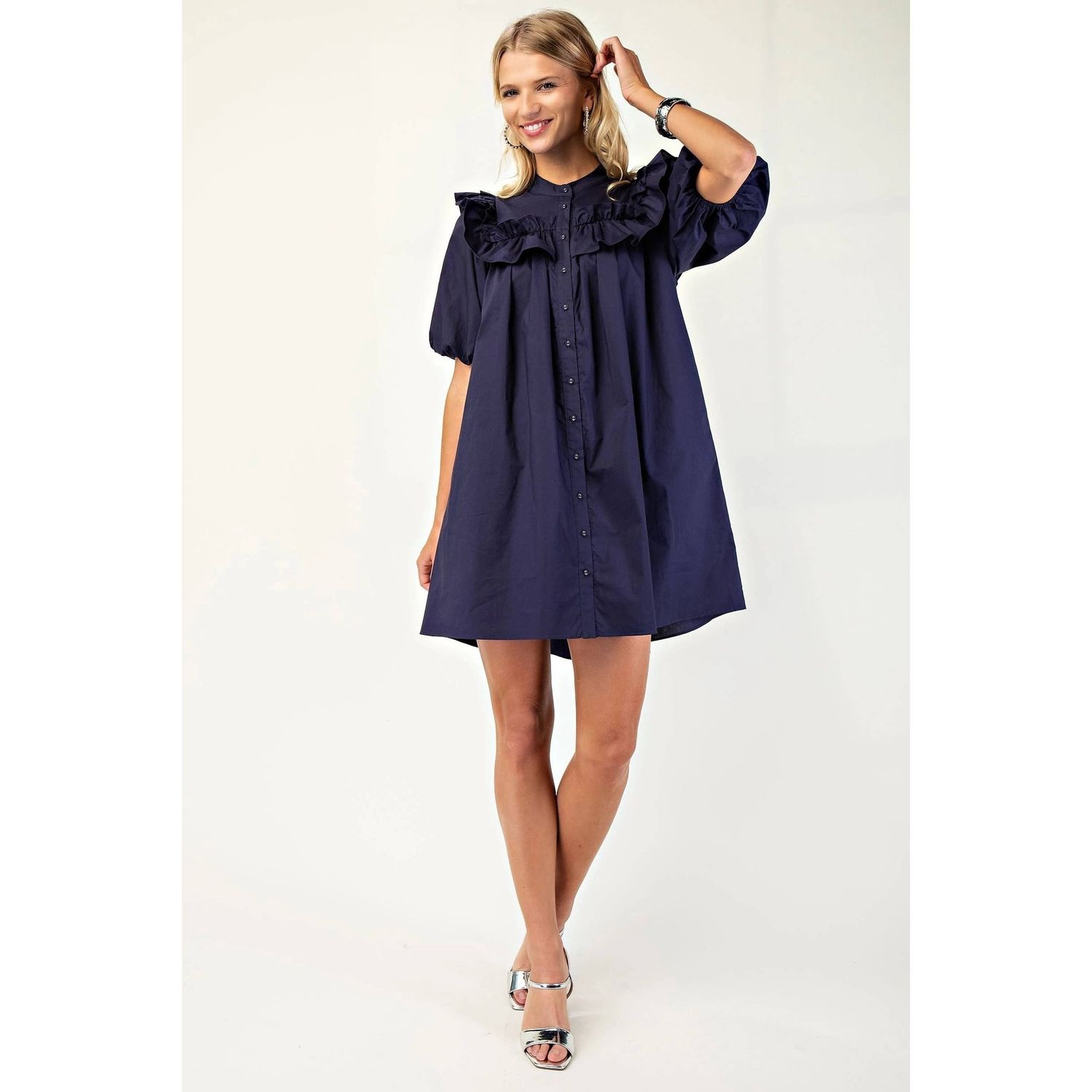 NEW Puff Sleeve Mini Dress, Color: NAVY, Size: L