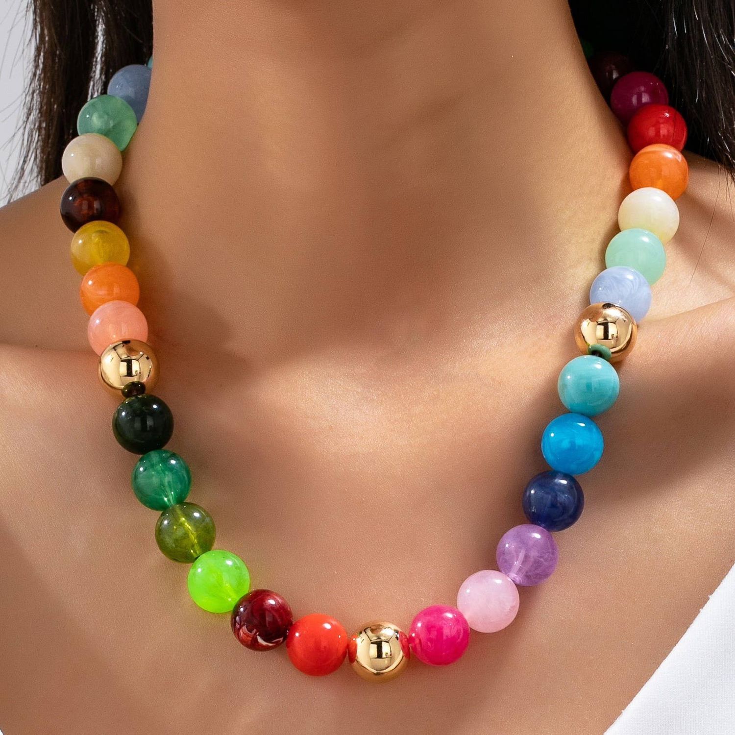 Rainbow Marbled Resin Bead Necklace | 80N93447, Color: Multi
