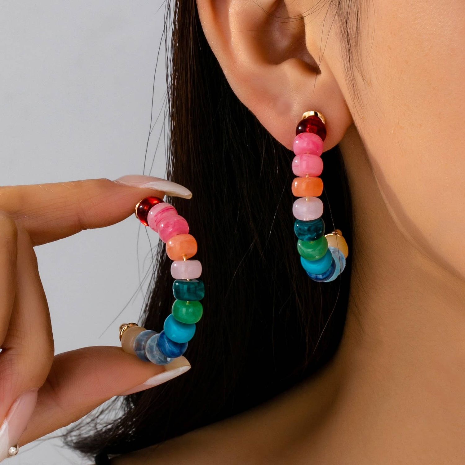 Rainbow Beaded Hoop Earrings | 80E61634, Color: MULTI