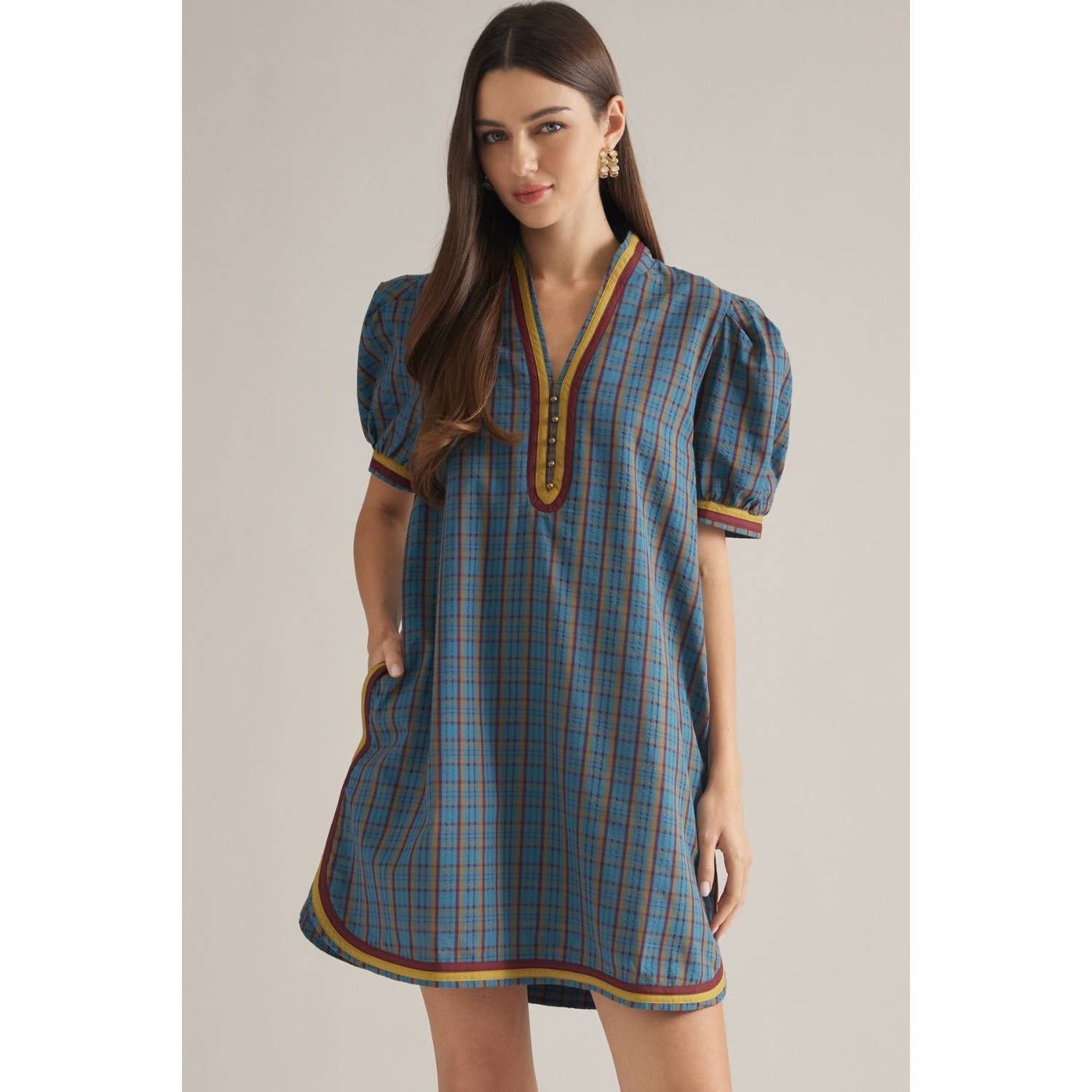 Plaid  puff sleeve mini dress, Color: TEAL, Size: S