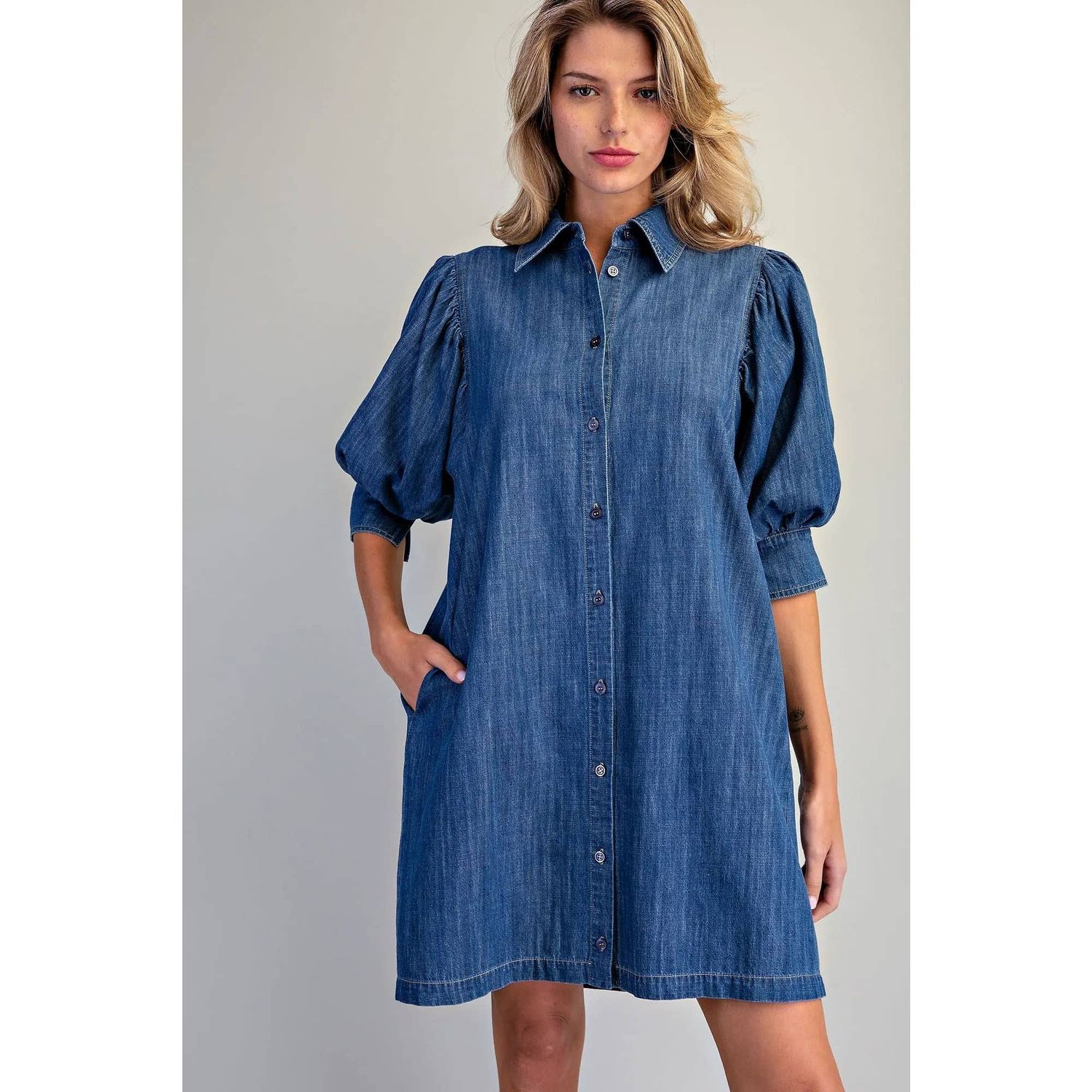 Chambray Puff Sleeve Mini Dress, Color: DENIM, Size: S