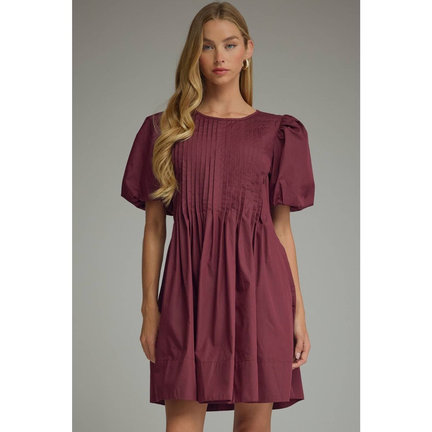 NEW Solid short puff sleeve mini dress, Color: MERLOT, Size: L